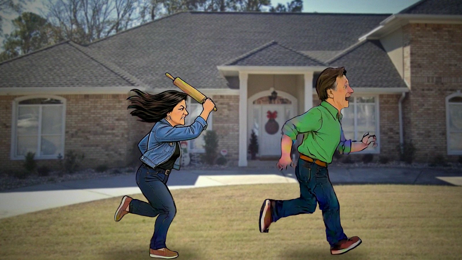 Cartoon Steve running across the yard, his wife behind him with a rolling pin
