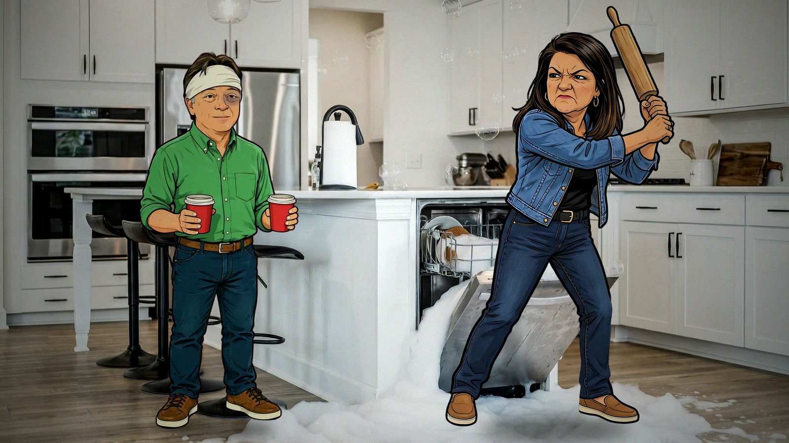 Cartoon Steve, bandaged, in the kitchen beside his wife and her rolling pin