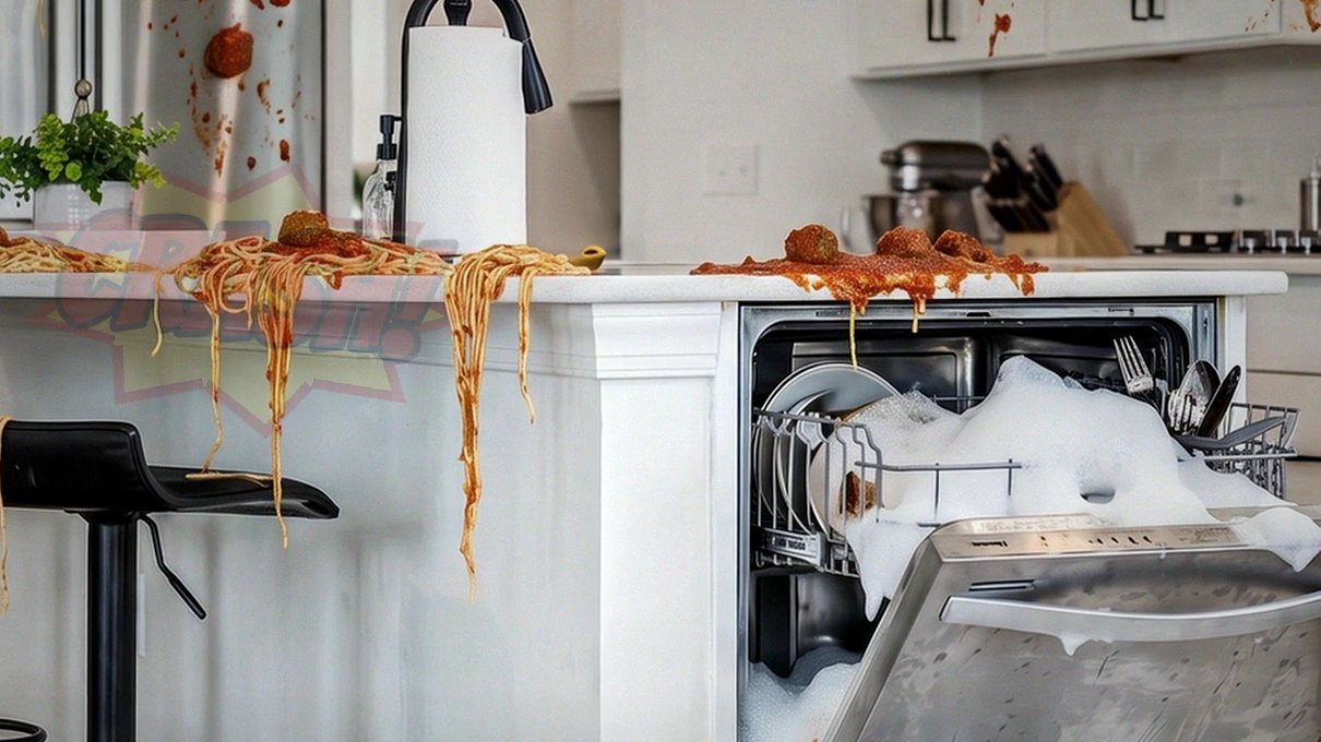 A wrecked dishwasher spilling suds across the kitchen floor