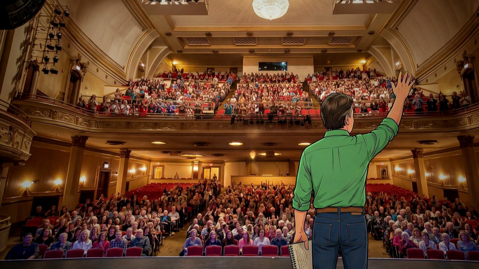 Cartoon Steve on stage, waving to a packed theatre