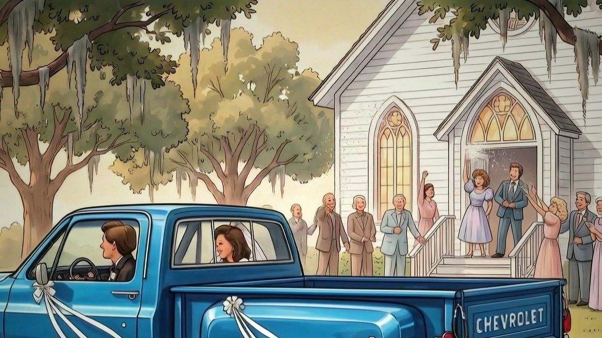 A blue Chevy pickup leaving a church wedding, cans tied to the bumper