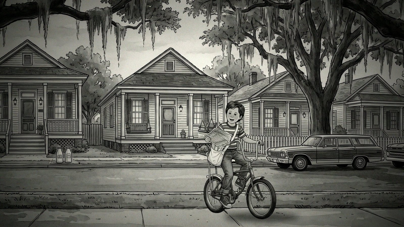 A boy on a bike on a street of old Southern houses, in pencil