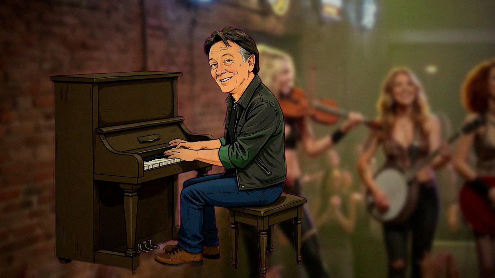 Cartoon Steve playing piano with the band