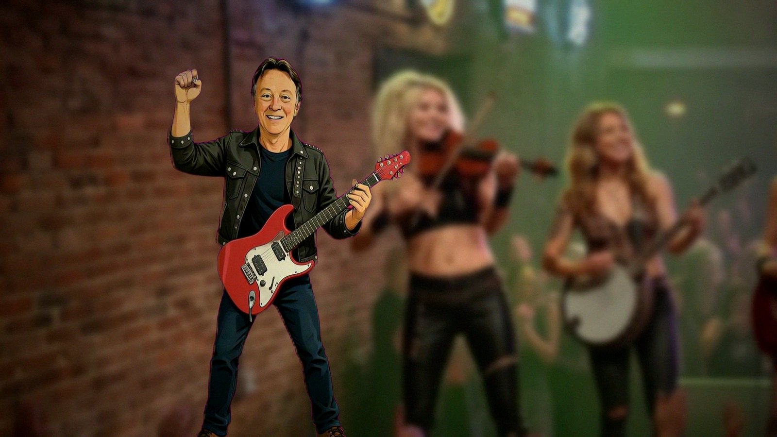Cartoon Steve with a red guitar, fist in the air