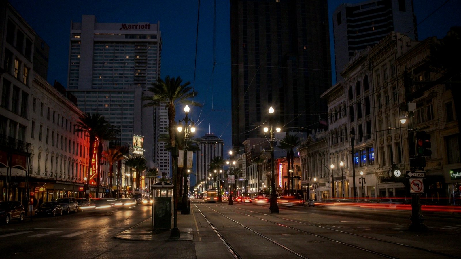A downtown street at night
