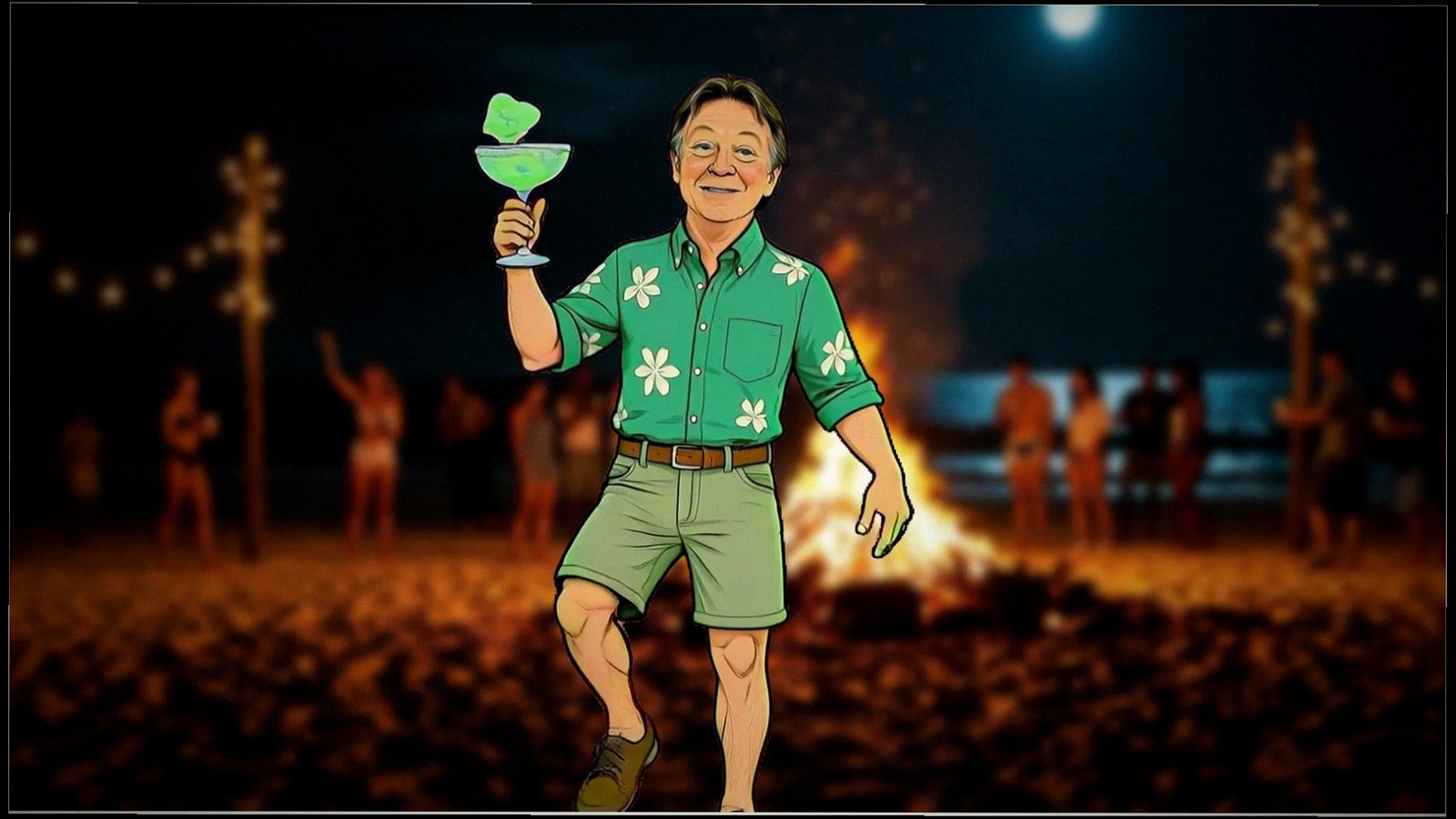 Cartoon Steve dancing with a margarita by a beach bonfire