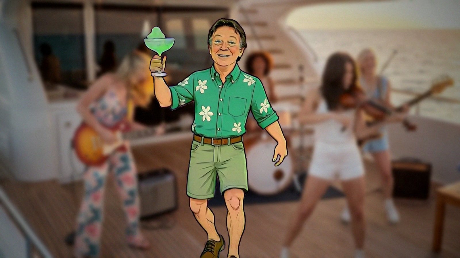 Cartoon Steve with a margarita, the band behind him on a boat