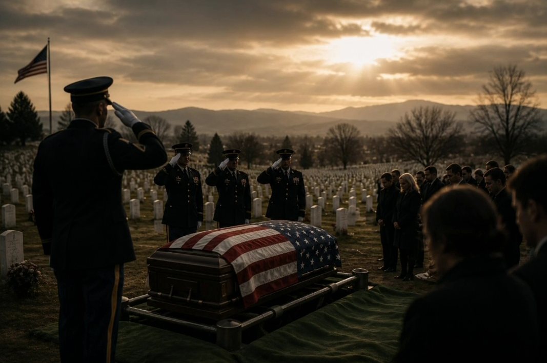A flag-draped casket and a salute at sunset