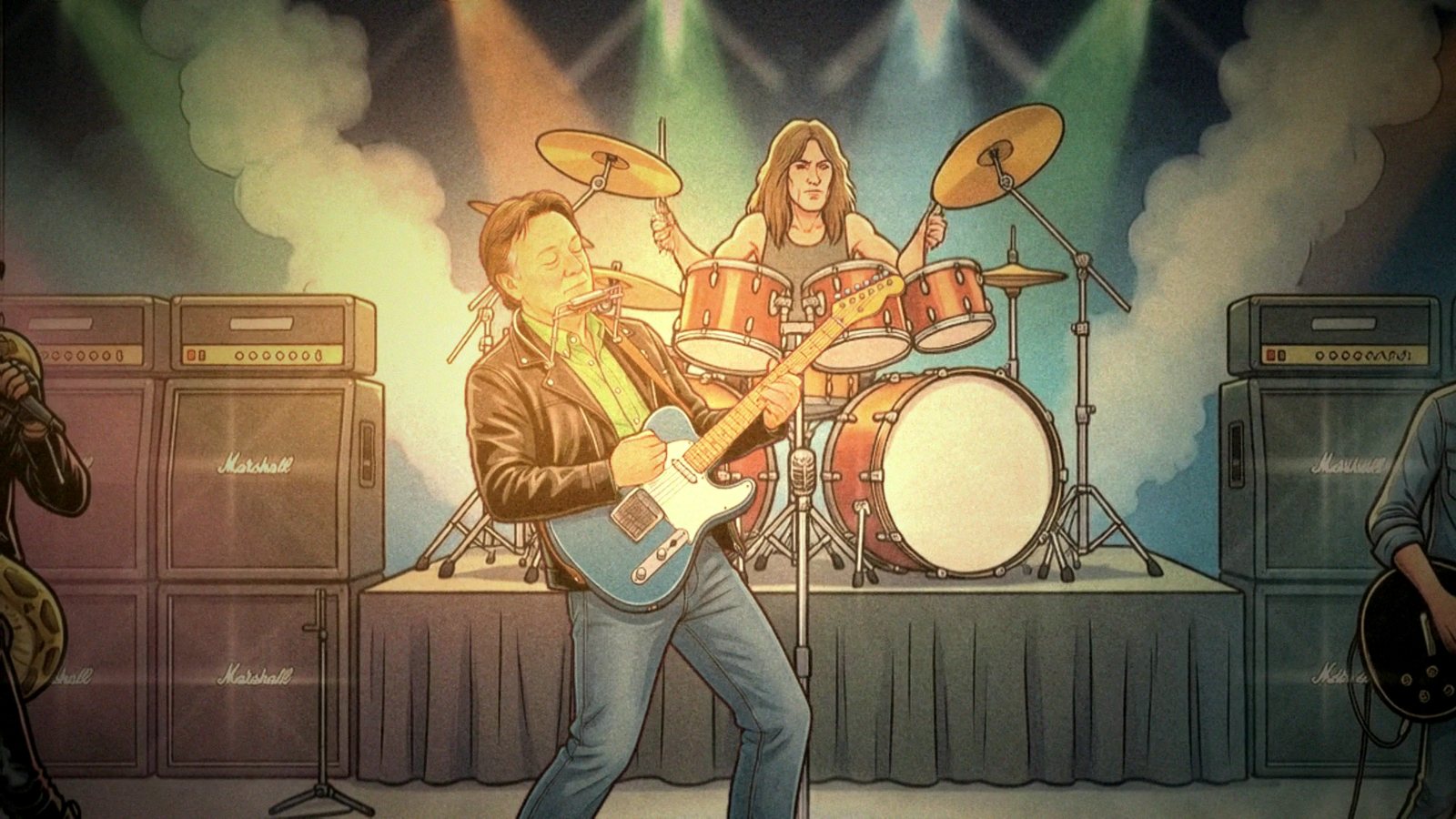 Cartoon Steve playing a blue Telecaster on stage
