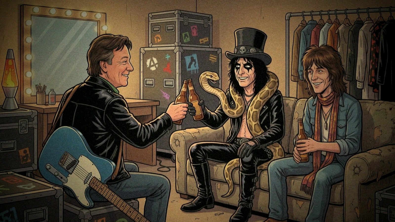 Cartoon Steve backstage, guitar in hand