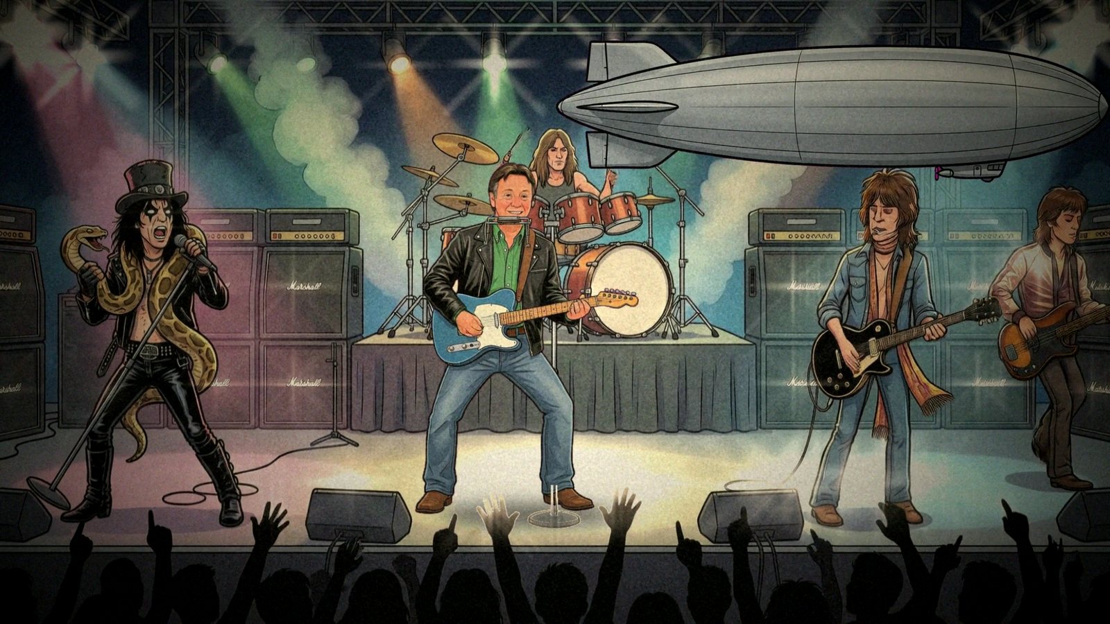 Cartoon Steve on stage with an airship overhead