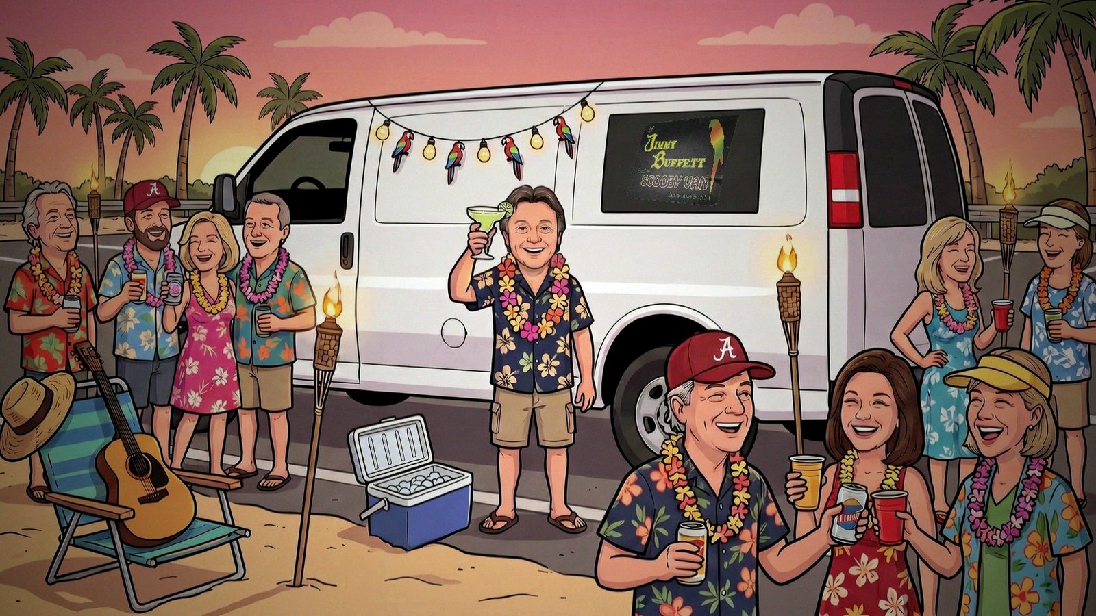 Cartoon Steve and the crew partying beside the white van