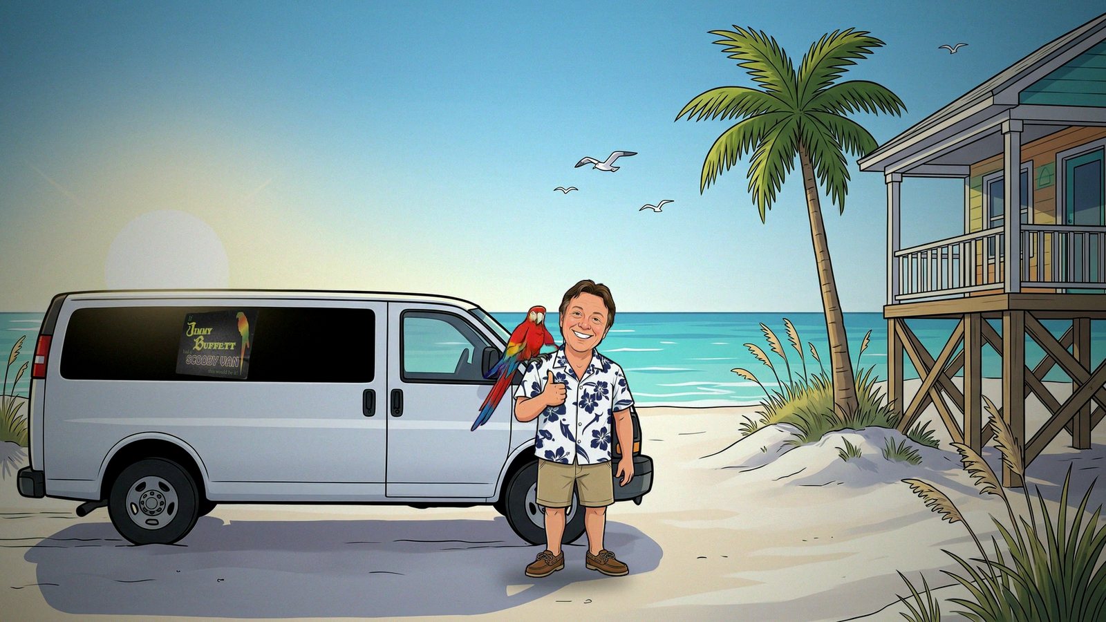 Cartoon Steve with a parrot beside the van on the beach