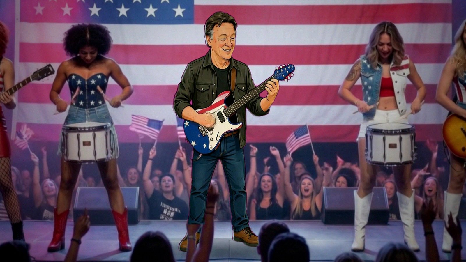 Cartoon Steve with a blue guitar in front of a giant American flag