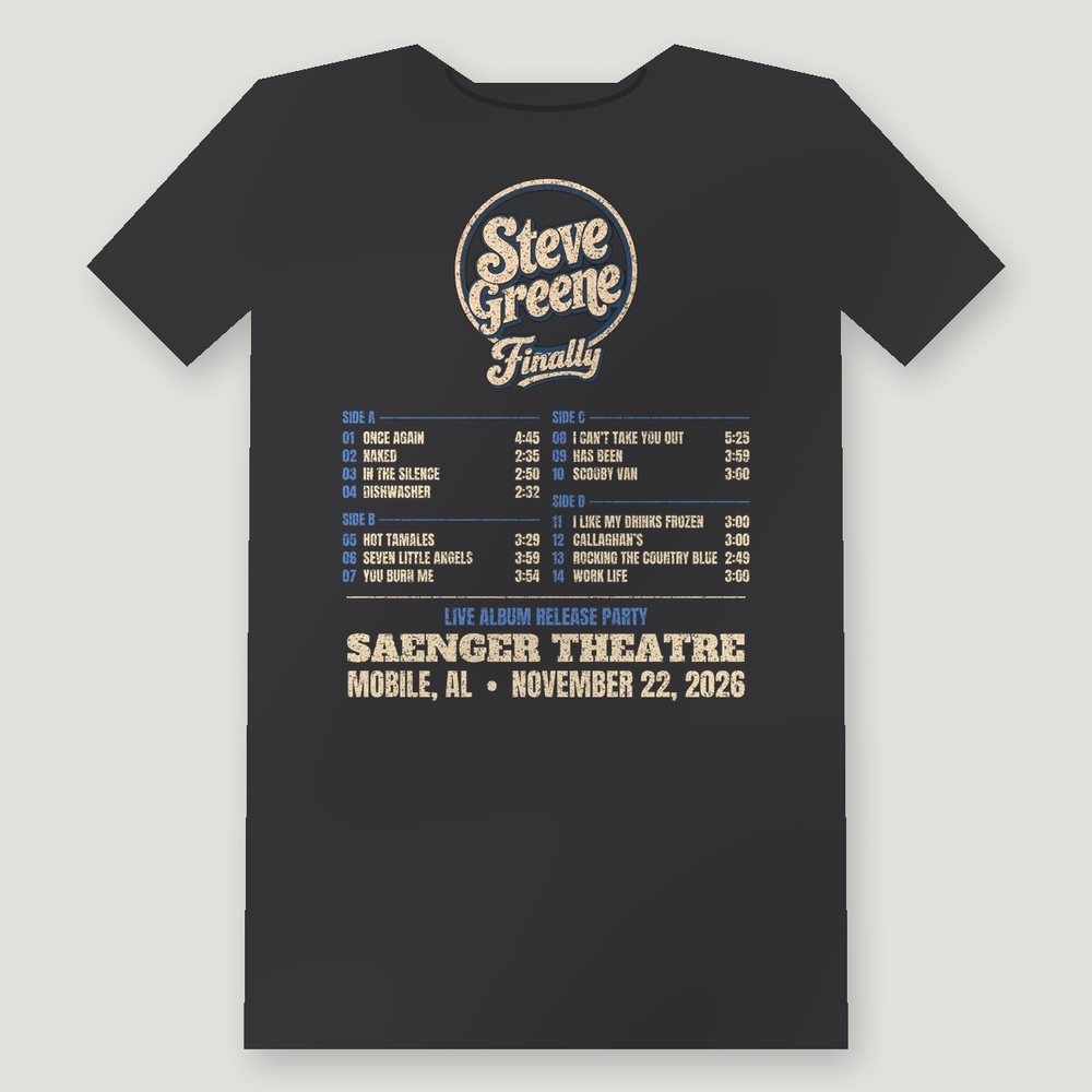 Finally Tour Tee, back: album logo, all 14 songs and the release party date