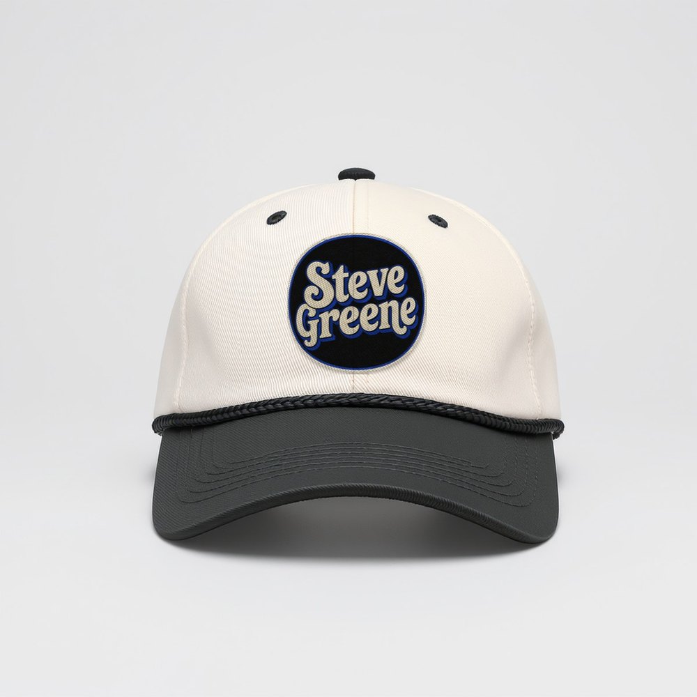 Steve Greene Rope Cap: embroidered badge on a cream cap with a black brim and rope